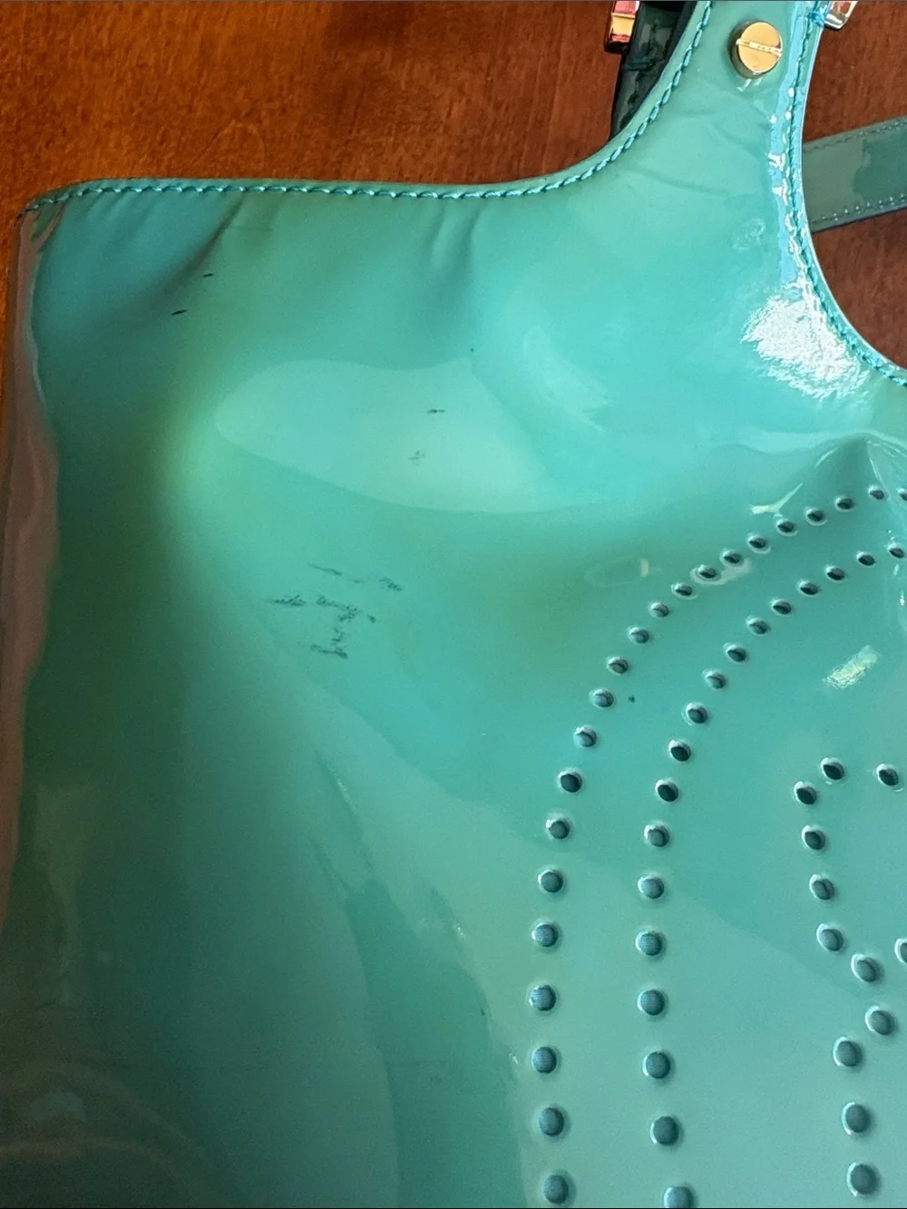 Tory Burch Patent Perforated Logo Tote in Teal
